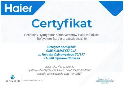Certyfikat HAIER